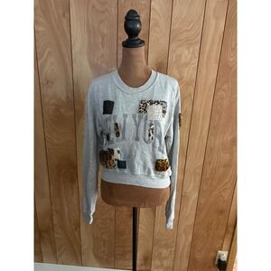 Riley New York Patchwork Sweatshirt Grey Animal Print Mixed Media Pullover XS